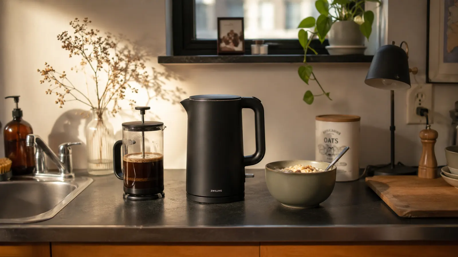 Small kitchen counter organized with a compact electric kettle, instant oatmeal, and French press coffee maker