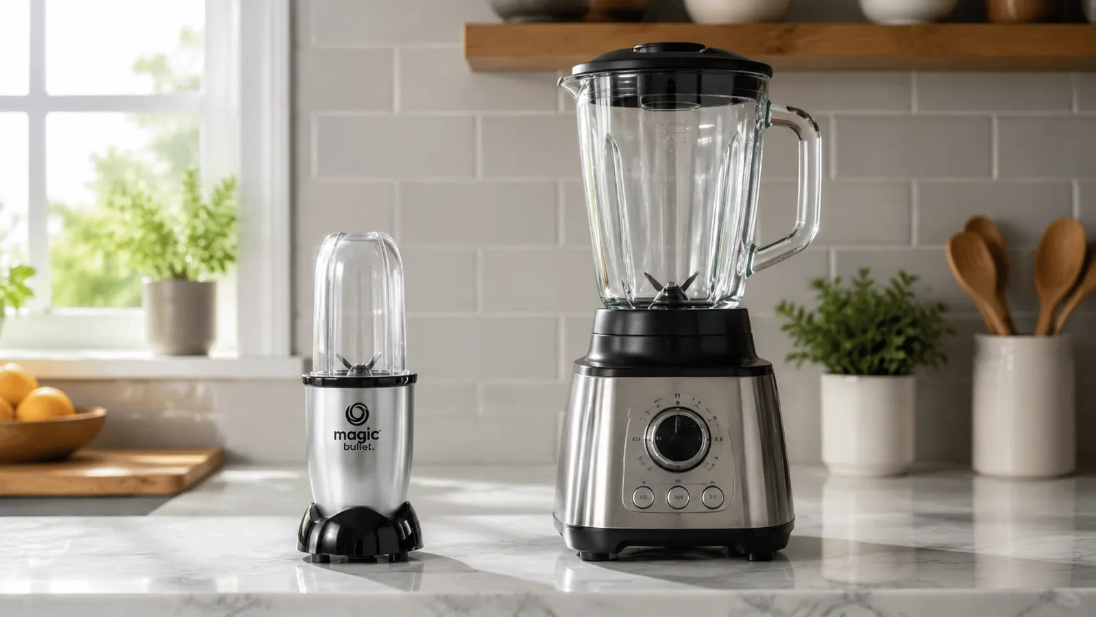 Hand twisting a Magic Bullet cup onto the base, ready to blend a smoothie with visible berries inside
