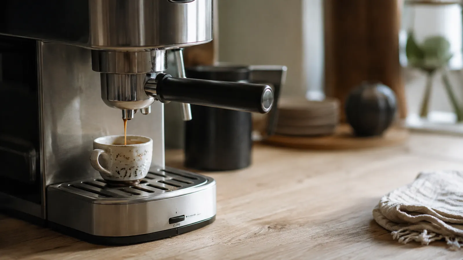 Espresso shot pouring into a small white ceramic cup on a wooden countertop, steam rising