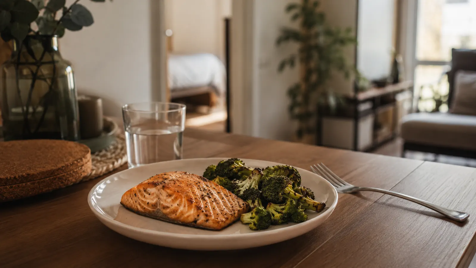 Golden crispy salmon fillet on a small white plate next to roasted broccoli, cooked entirely in an air fryer