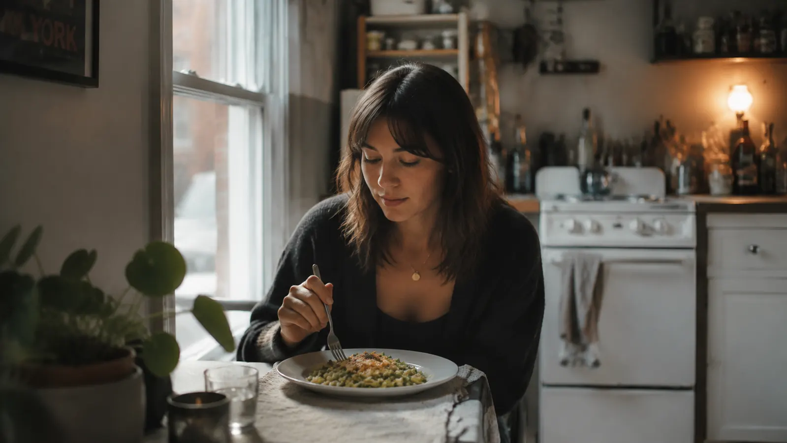 Woman eating dinner at a small kitchen table in an apartment, looking relaxed, meal cooked at home instead of takeout