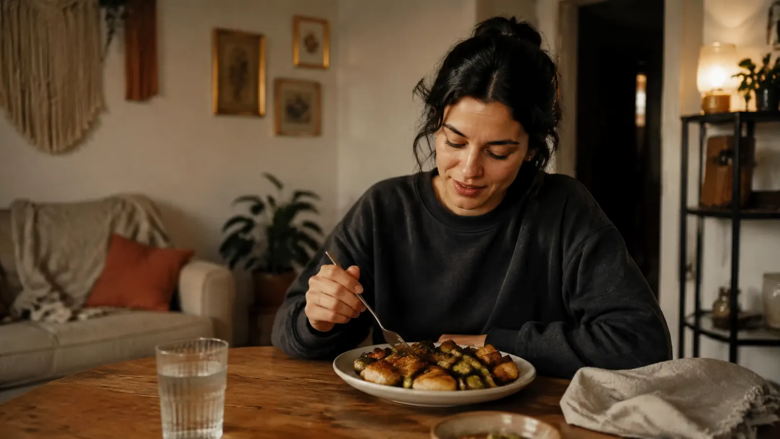 Person eating a meal cooked in the Cosori air fryer at a small apartment dining table, relaxed and satisfied
