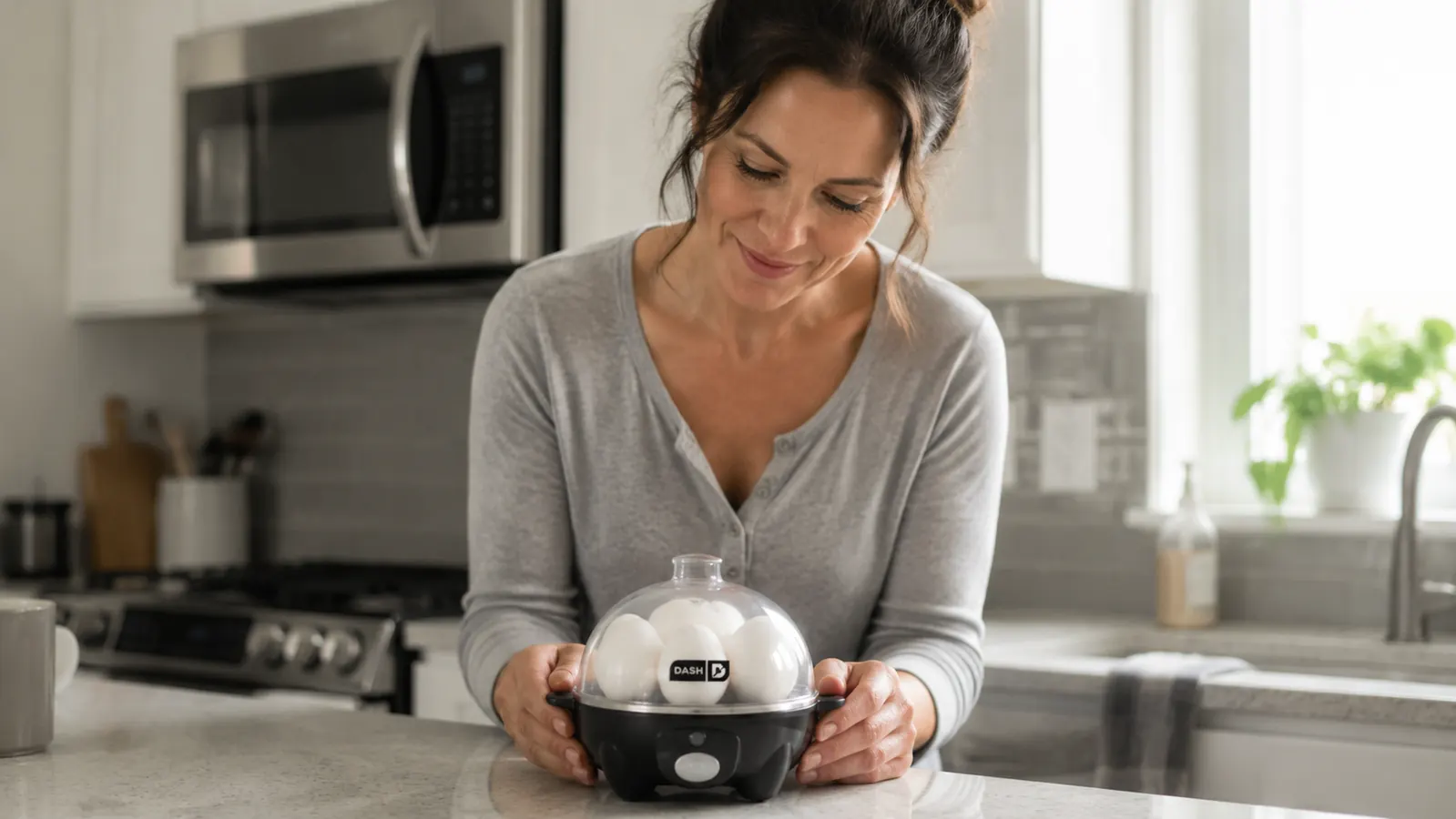 Hand placing eggs into the egg cooker tray with the measuring cup nearby on a compact kitchen counter