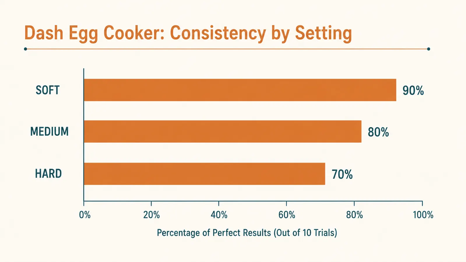 Chart showing Dash egg cooker consistency test results across soft, medium, and hard boiled settings over ten trials