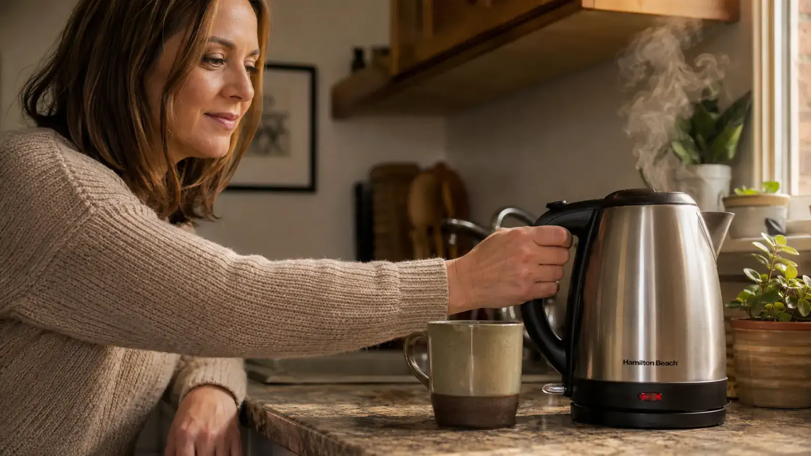 Hand pressing the on button of a small electric kettle on a cramped kitchen counter