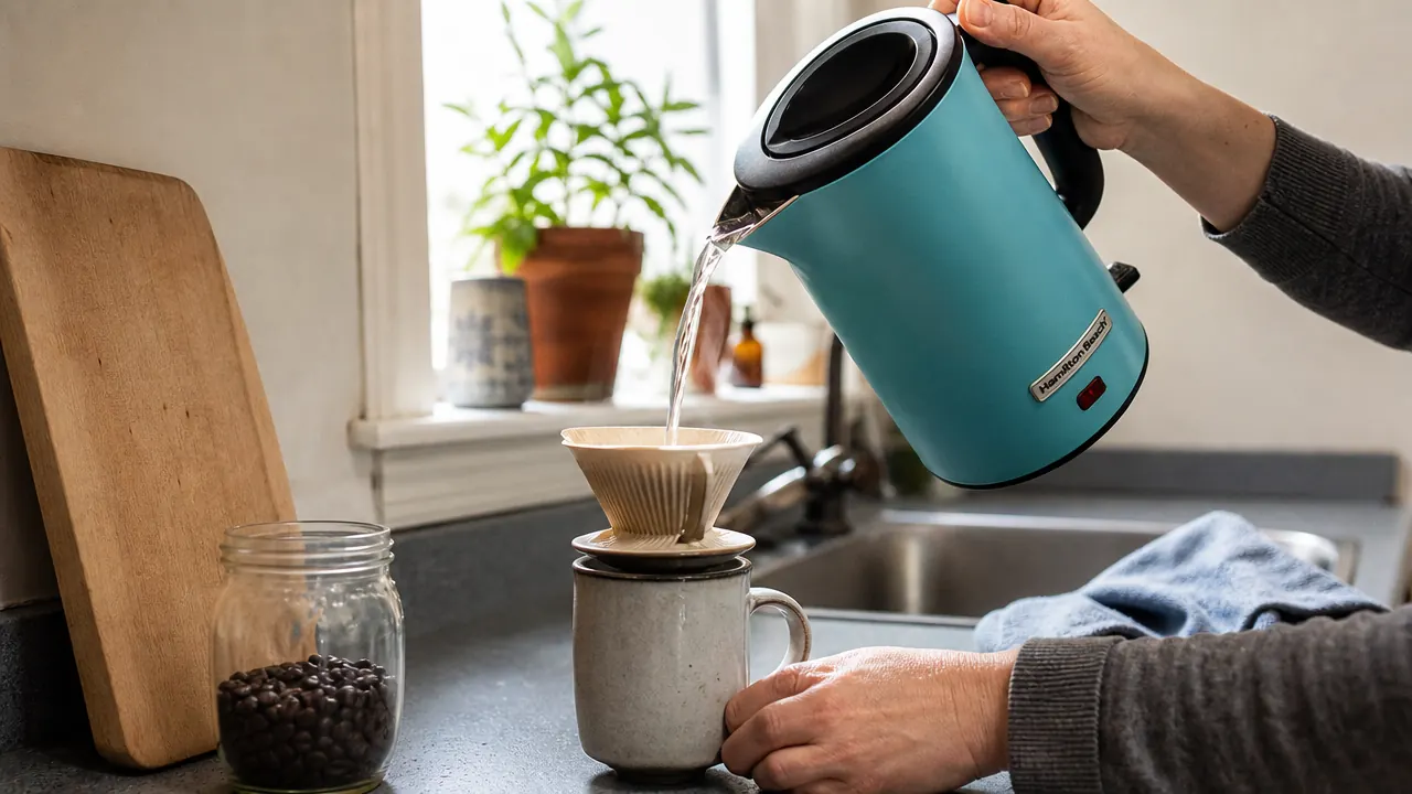 Person pouring hot water from a compact kettle into a pour-over coffee dripper in a tiny kitchen