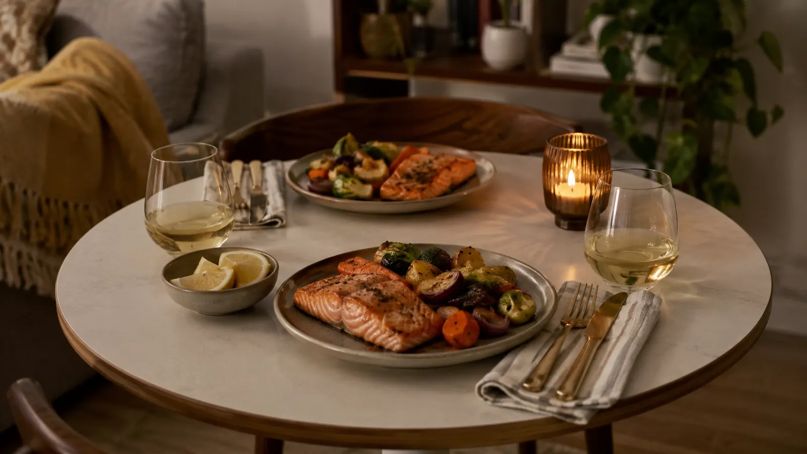 Finished plate of air-fried salmon with roasted vegetables on a small apartment dining table