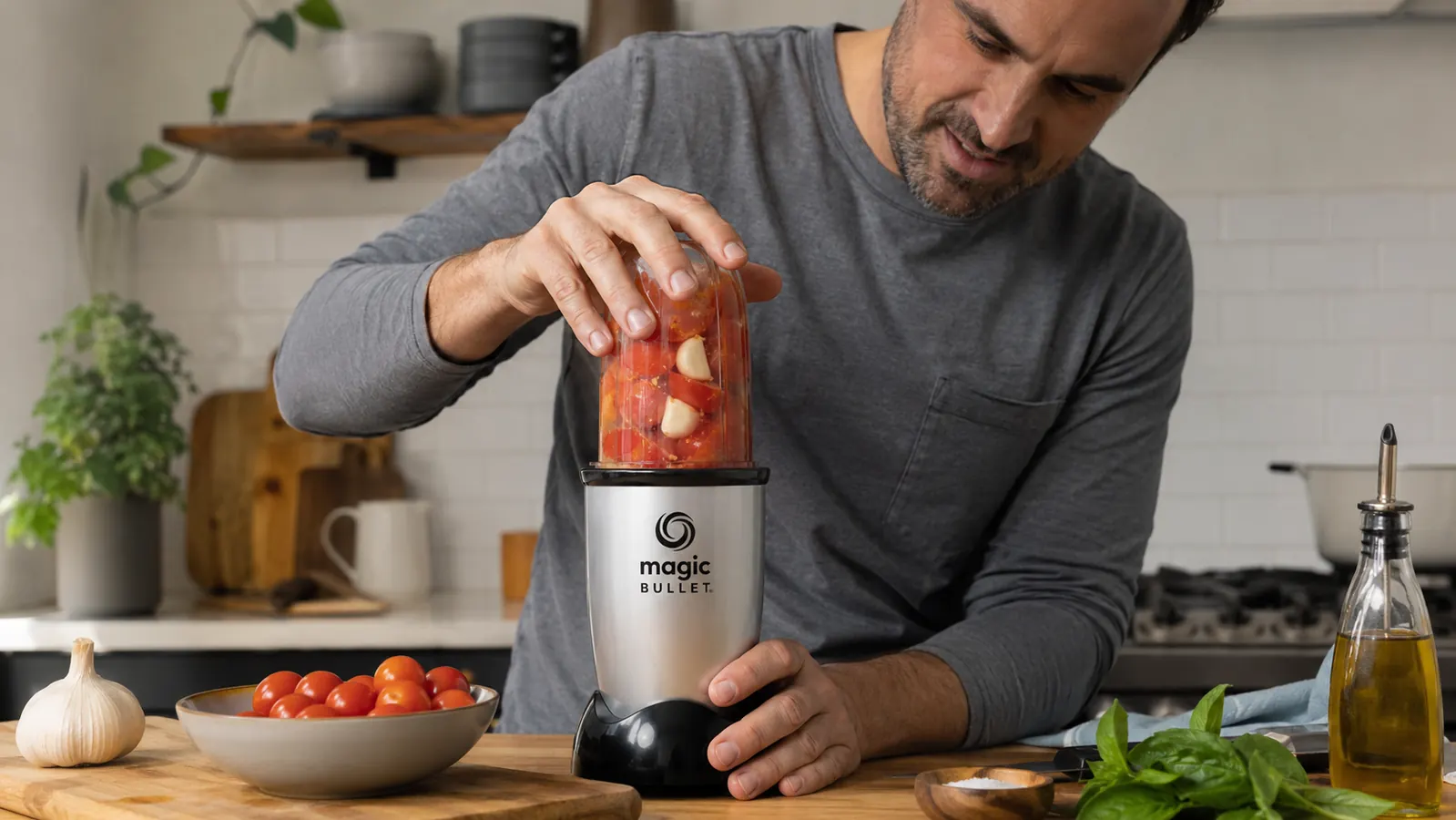 Magic Bullet blender cup with sauce inside being screwed onto the base for blending on a narrow kitchen counter
