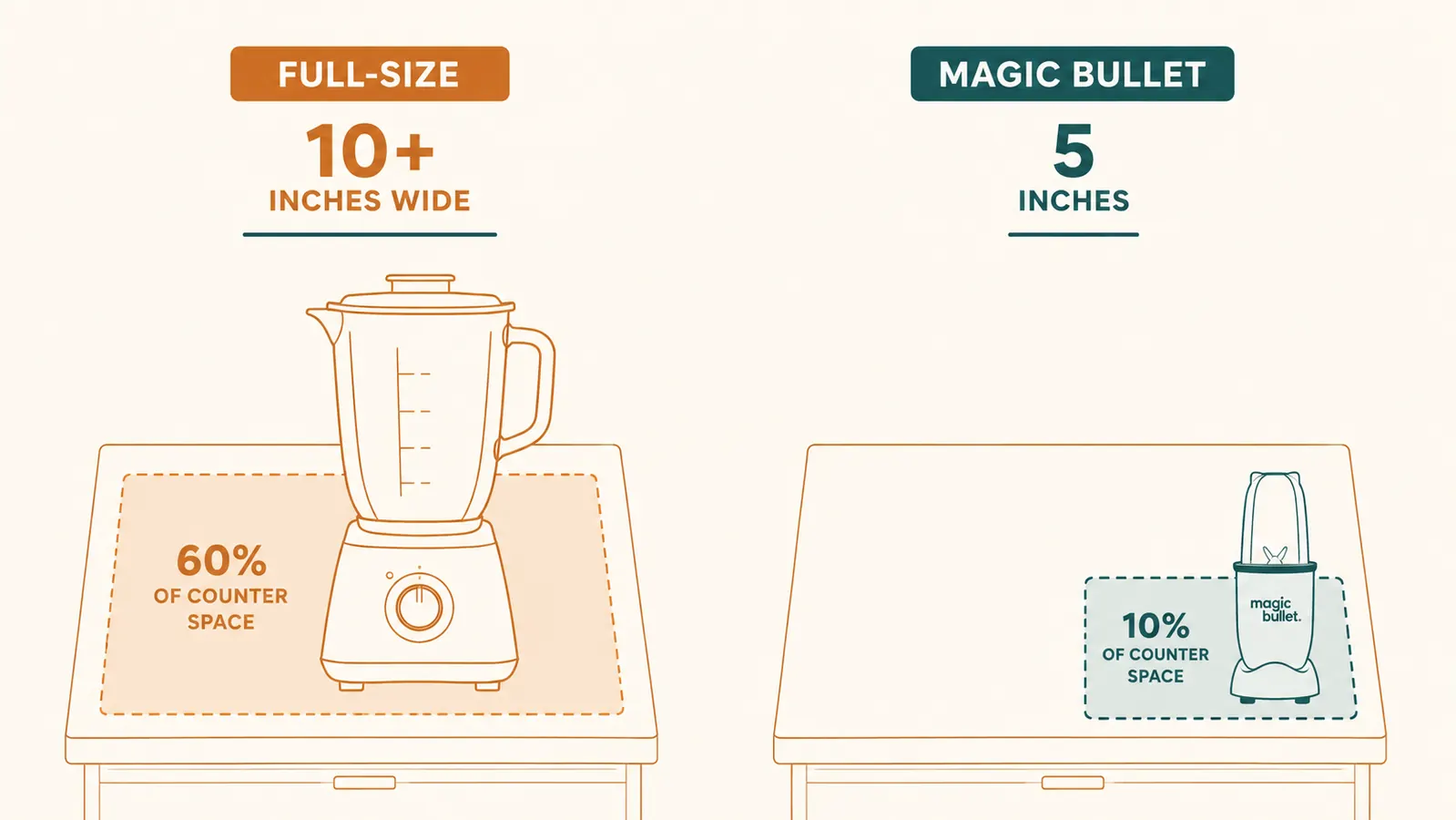 Side-by-side comparison showing a full-size blender taking up most of a small counter versus the Magic Bullet using a fraction of the space
