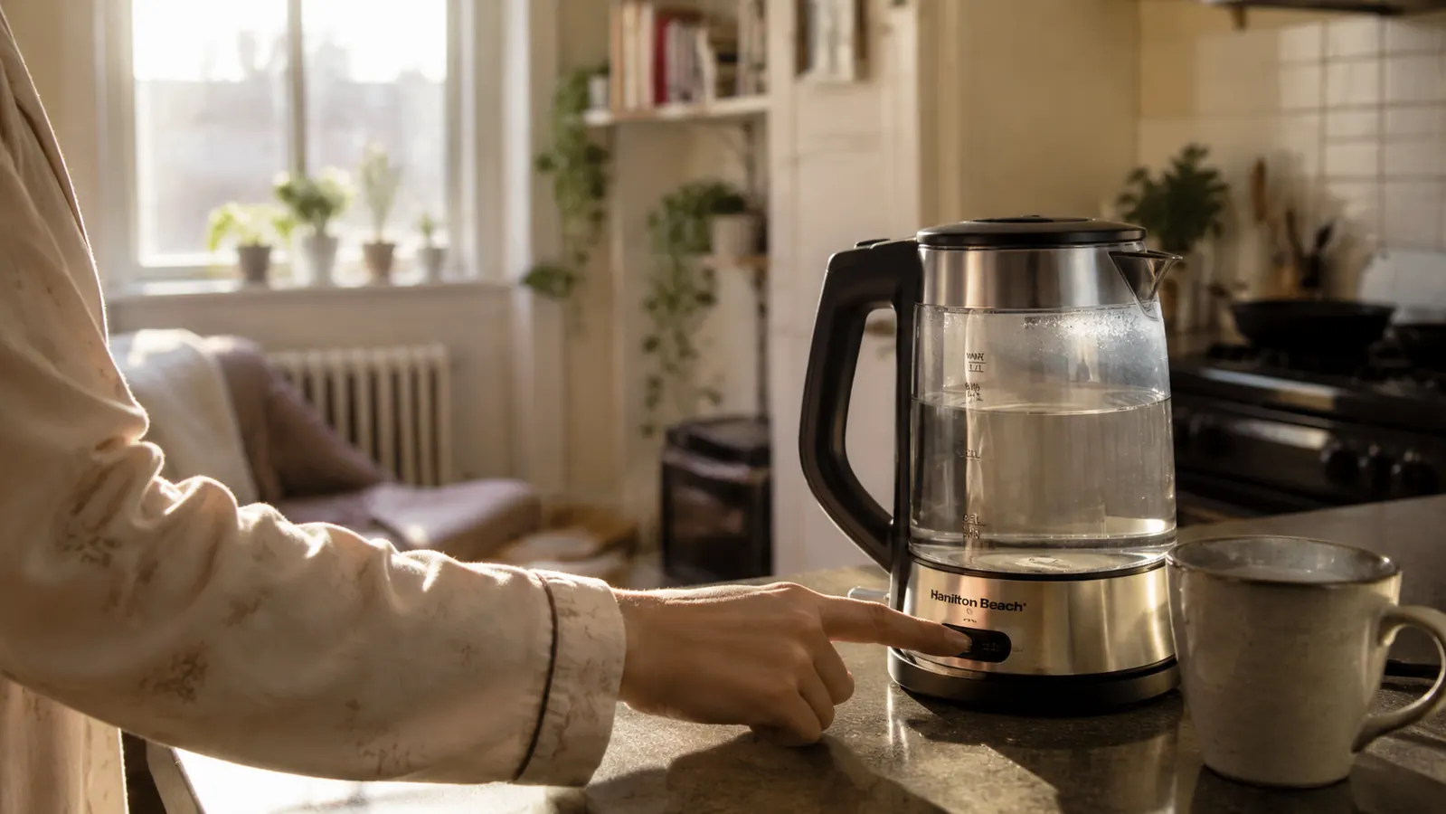Hand pressing the power button on a Hamilton Beach electric kettle next to a stovetop with a cold unused pot