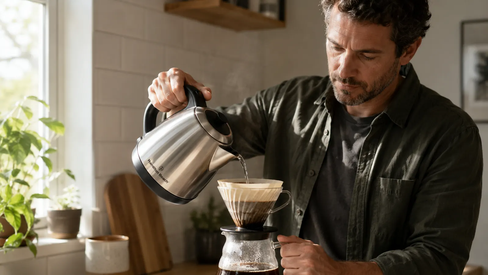 Person pouring hot water from an electric kettle into a French press while standing in a compact apartment kitchen