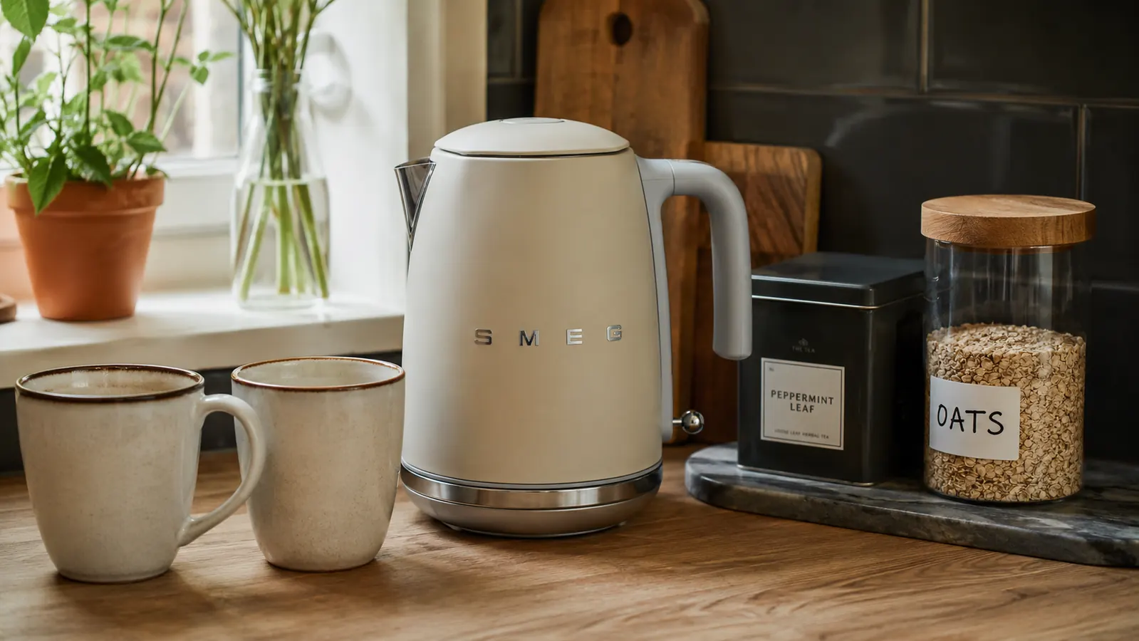 Organized small kitchen counter showing an electric kettle, two mugs, a tea tin, and an oatmeal container as a complete morning station