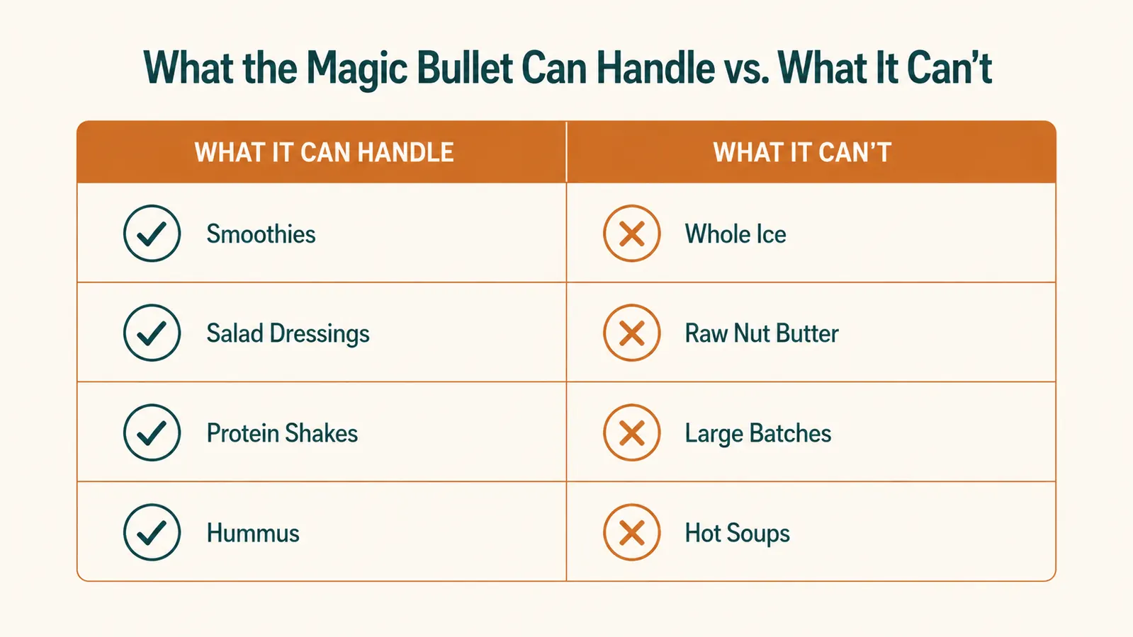 Side-by-side chart showing what Magic Bullet handles well versus what it struggles with across common blending tasks