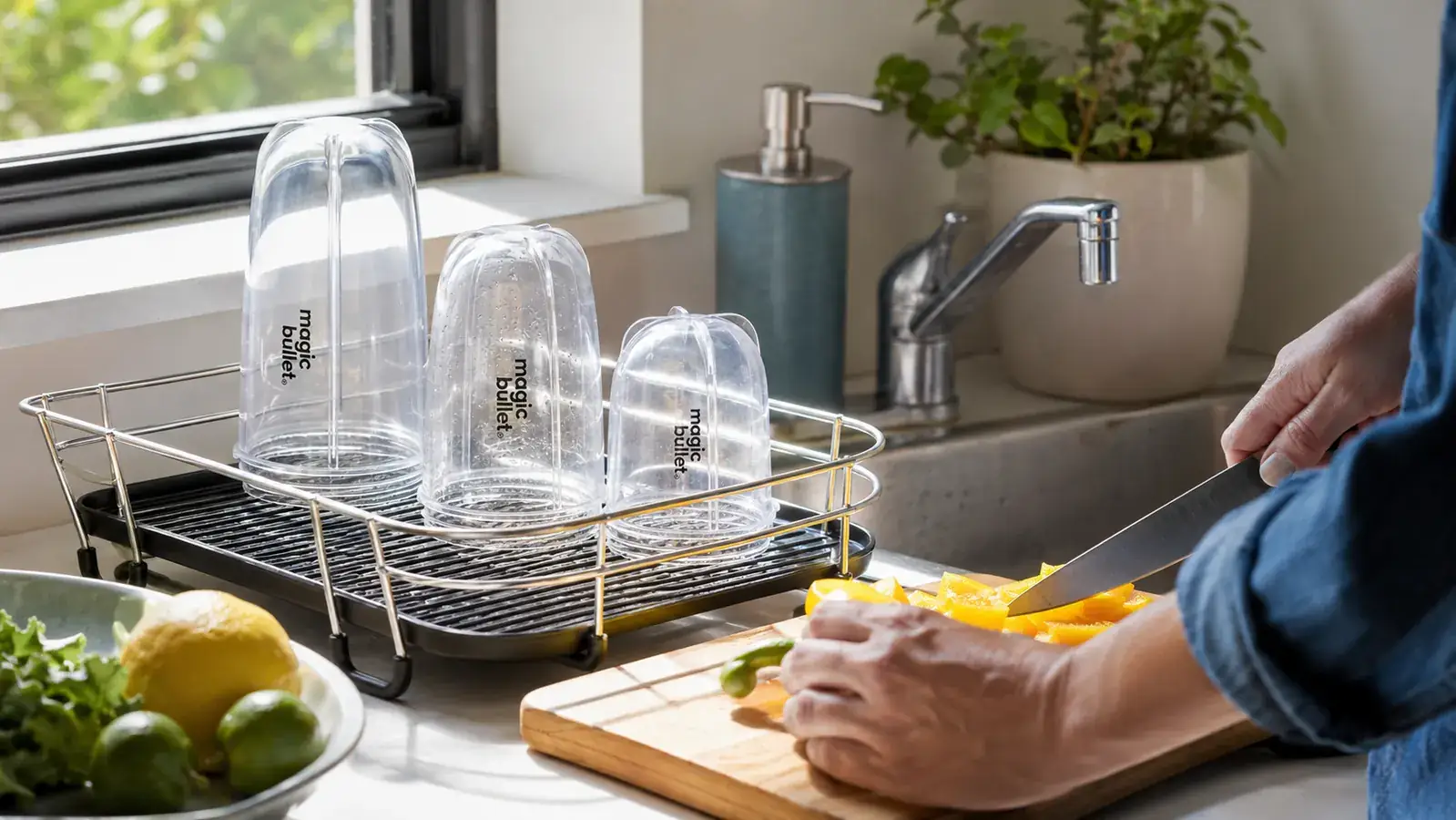 Magic Bullet cups lined up beside a kitchen sink showing the easy rinse-and-go cleanup routine