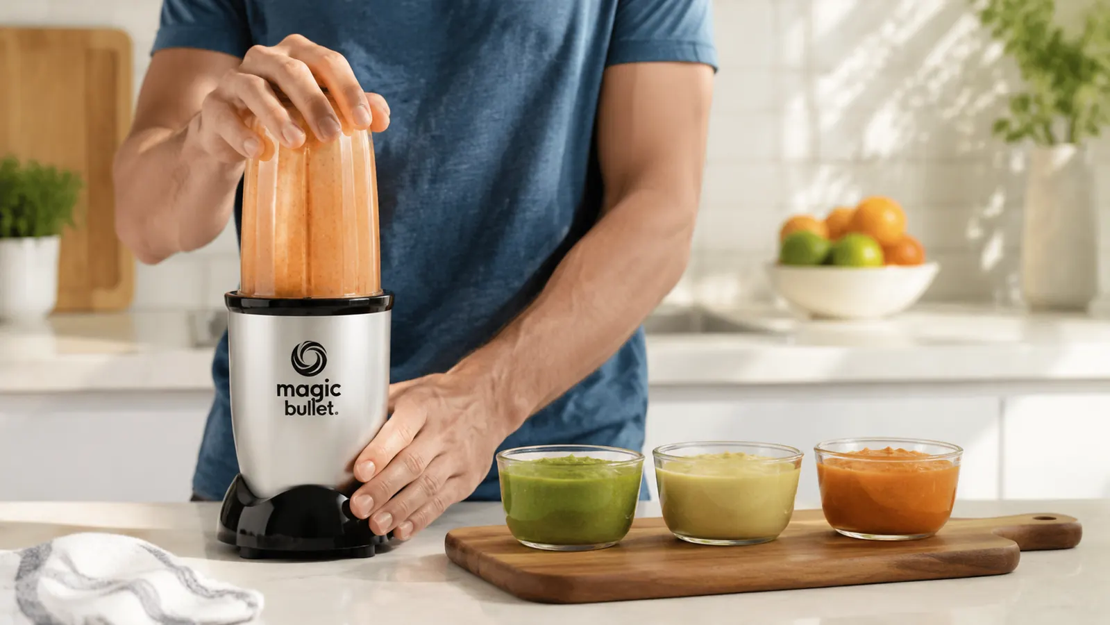 Magic Bullet cups filled with a smoothie, a salsa, and a salad dressing lined up on a small cutting board