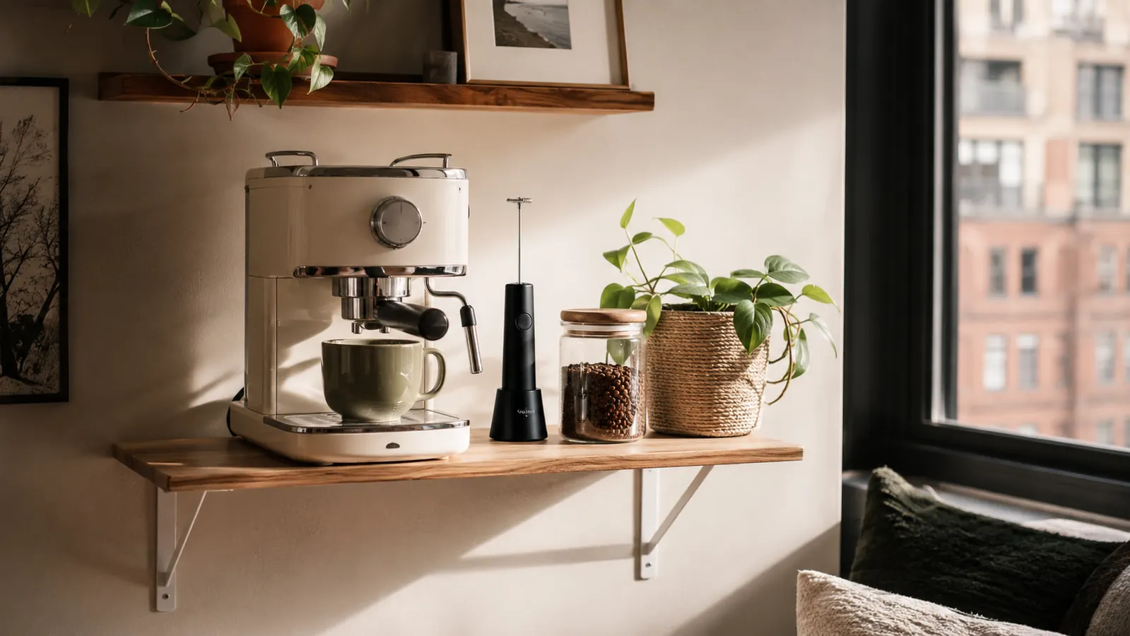 Tiny apartment coffee corner with a compact espresso machine and a small milk frother on a wooden shelf