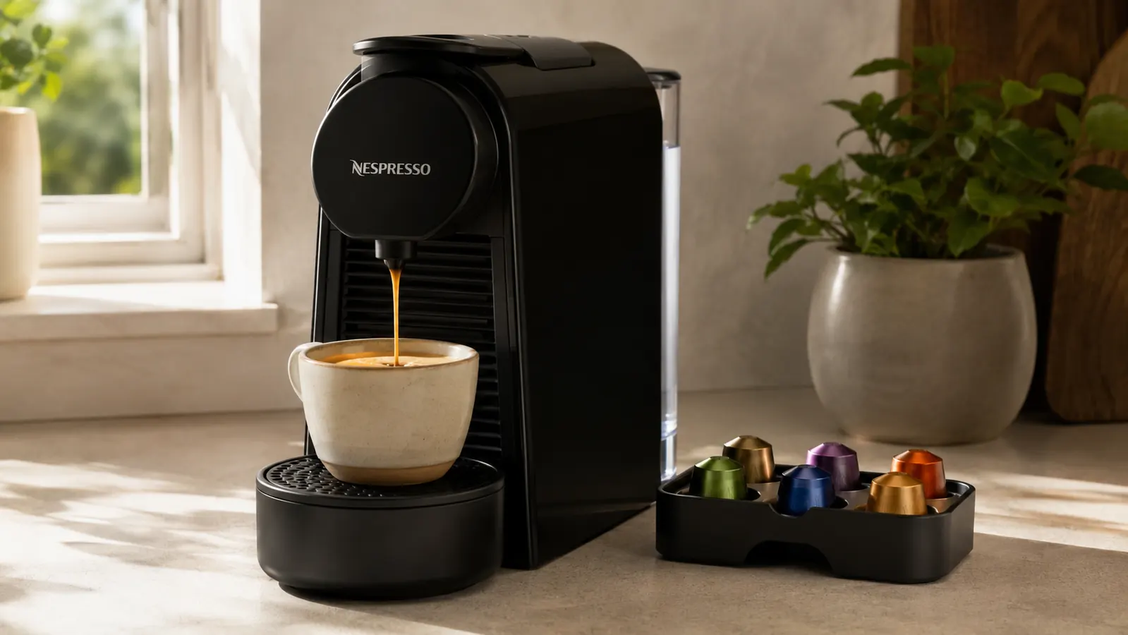 Hand inserting a Nespresso Original Line capsule into the Essenza Mini machine, stainless steel mug below the spout